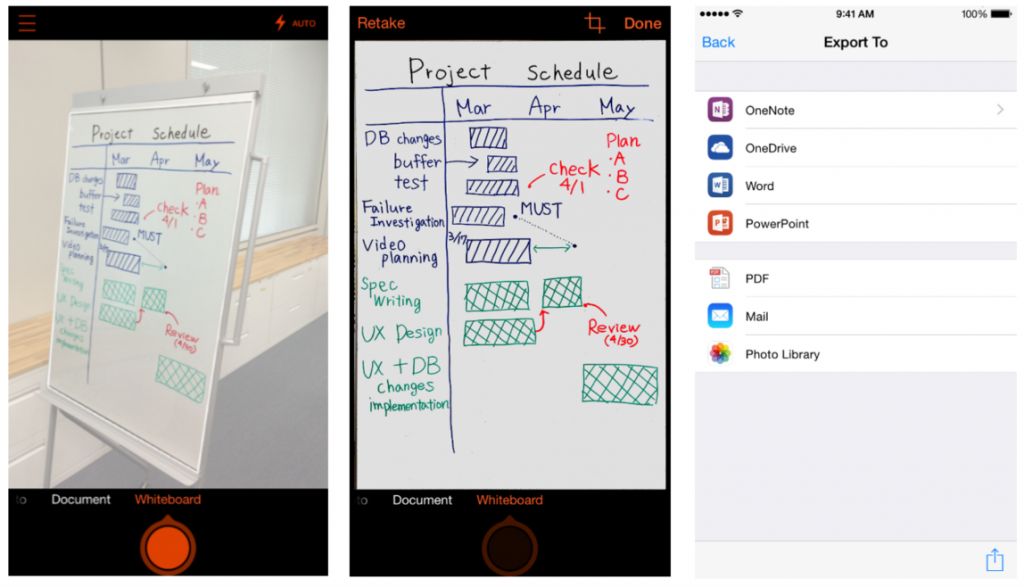 Before-and-after look at a picture of a whiteboard, captured and processed by Microsoft Lens 