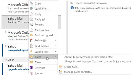 Setting up rules in Outlook