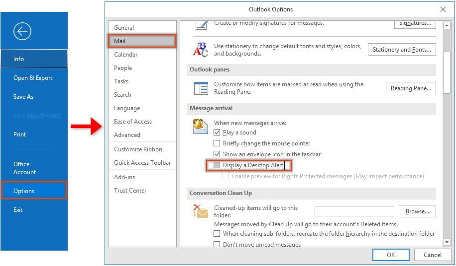 Turn off email notifications on Outlook