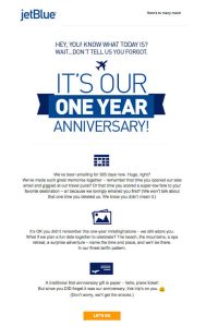 Email from JetBlue in blue for anniversary