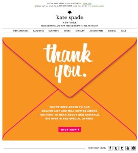 Email from Kate Spade New York in orange with a letter
