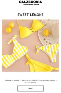 Email from Calzedonia in yellow with lemons and bikinis