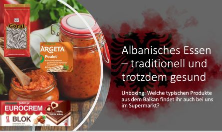 4 Produkte aus den schweizer Supermärkten, die in vielen albanischen Haushalten konsumiert werden. Eurocreme, Argeta, Sonnenblumenkerne und Ajvar. Im Hintergrund eine albanische Flagge.