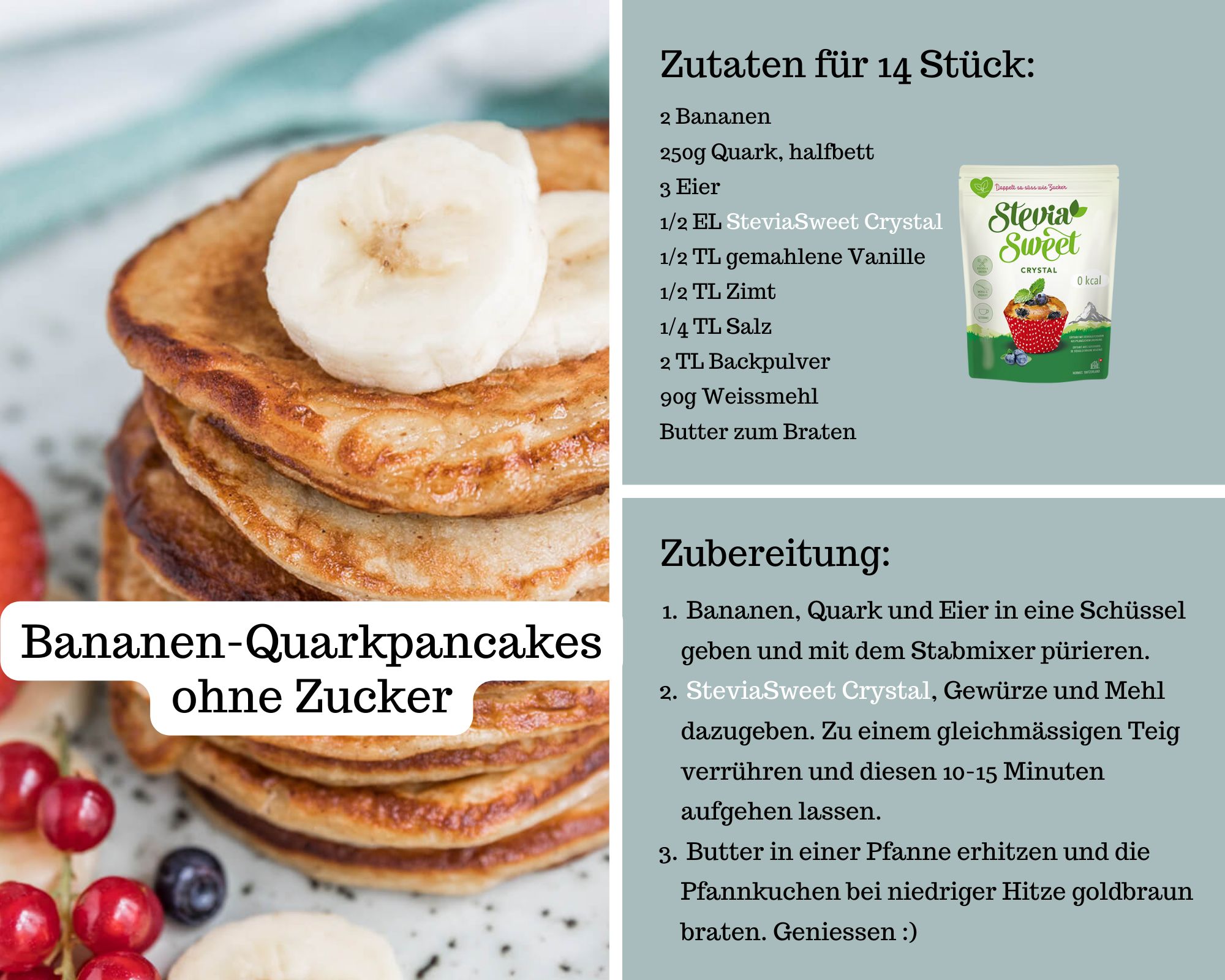 Rezept: Bananen-Quarkpancakes ohne Zucker, mit SteviaSweet Crystal