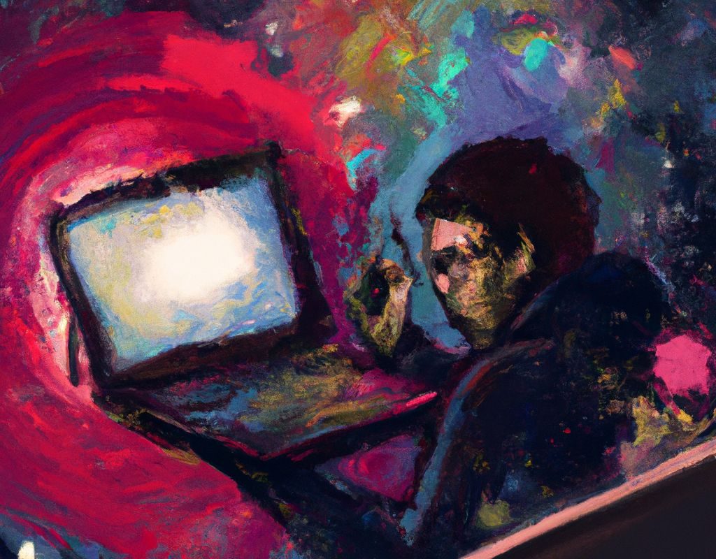 Expressive oil painting of a logo designer with a laptop with the background of a nebula explosion