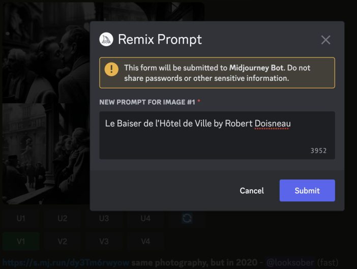 Screenshot of a Discord pop up window called Remix Prompt 
