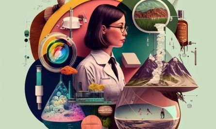 A woman surrounded by science areas