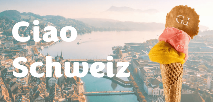 Gelato Lepore Cornet mit der Stadt Luzern als Hintergrund