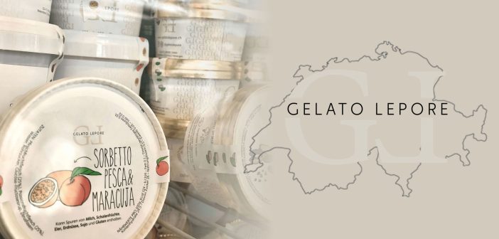 Gelato Lepore Piccolini im Kühlregal mit der Landkarte der Schweiz