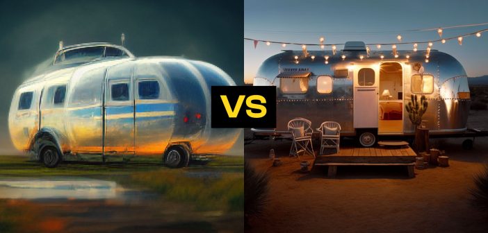 An airstream illustrated and abstract versus an airstream as a realistic photography side by side