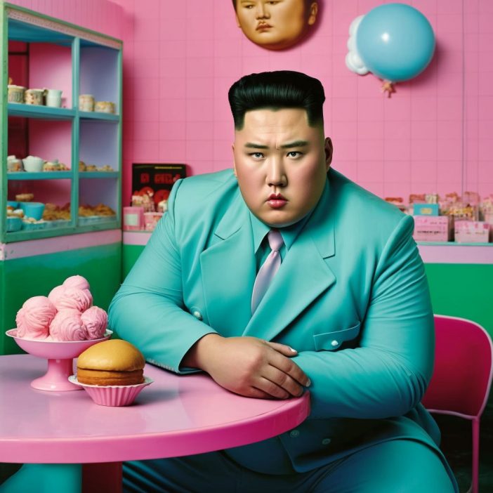 Kim Jong Un in a colorful pastry shop, Midjourney