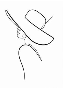 Line drawing of woman wearing a hat