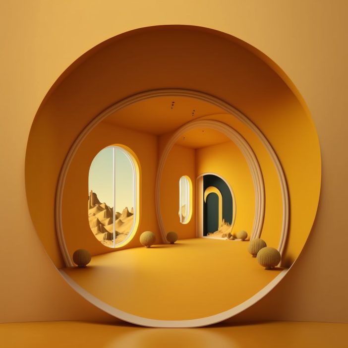 modern and surreal interior with rounded walls and orange color, Midjourney