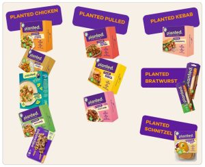 Planted product line includes various meat-free options, such as planted chicken, planted pulled, planted schnitzel, planted kebab and planted bratwurst.