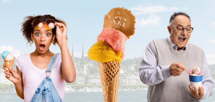 junge, erstaunte Frau mit Gelato Cornet in der Hand und älterer Herr mit Brille mit Gelato-Becher in der Hand auf dem Hintergrund der Stadt Luzern