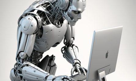 A robot working on a apple mac, AI generated