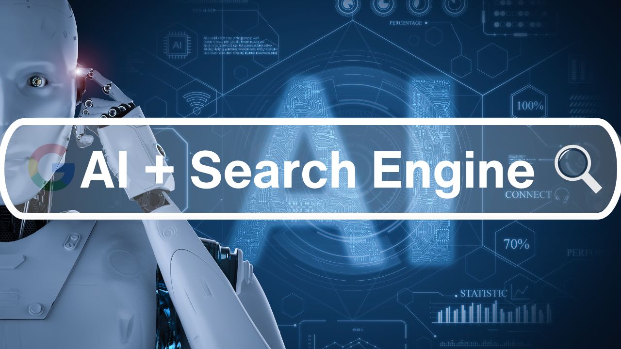 Picture of Search Engine with background of a Robot and Text "AI"