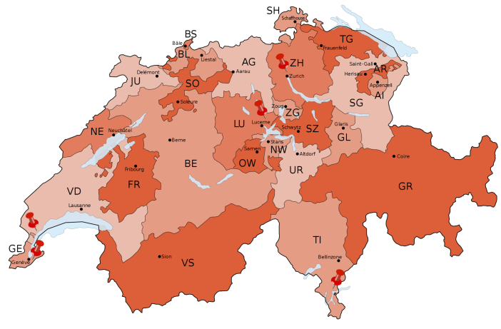 Map of Switzerland, showing cantons, cantons abbreviations, and capitals