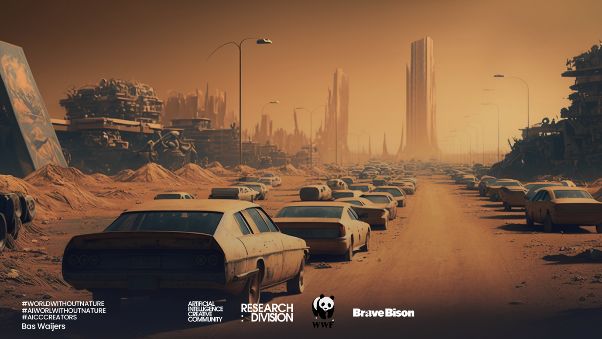 Cars in line towards an apocalyptic city