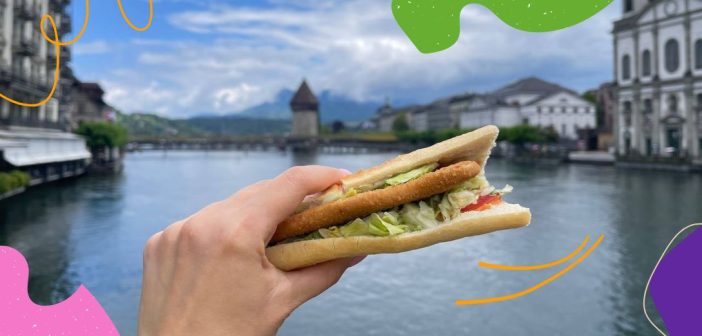 Vegetarian Schnitzel Sandwich with Lucerne on background