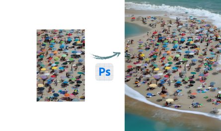 Before and after of an image showing a beach full of umbrellas and the same picture expanded to include the sea