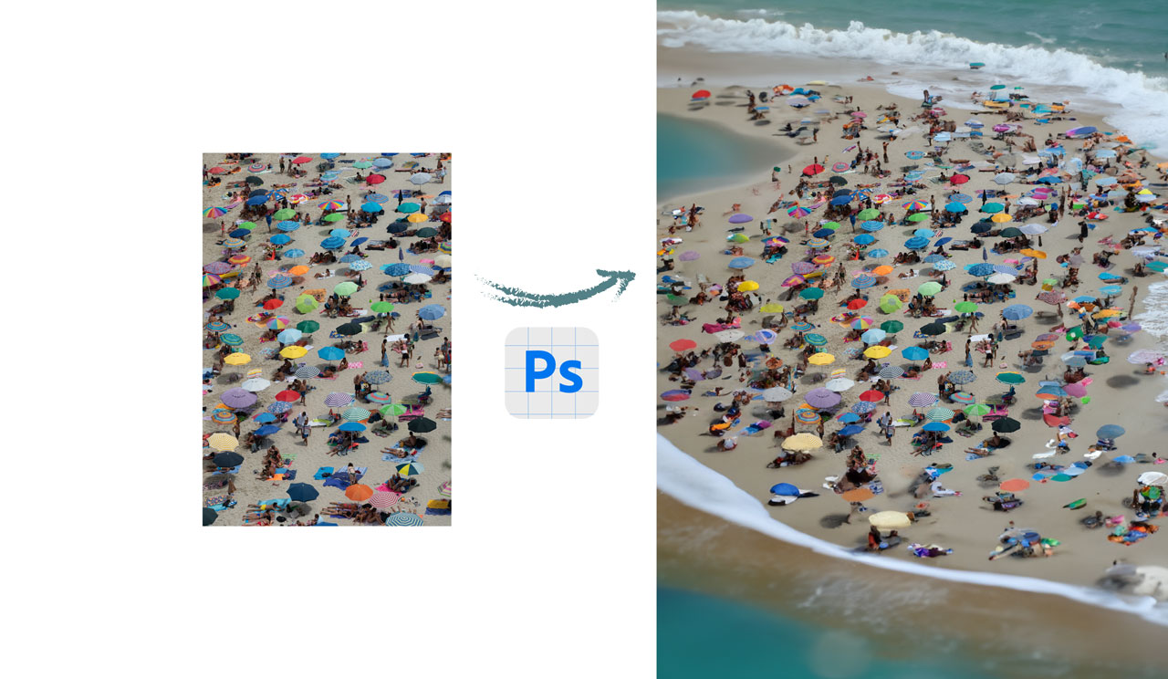 Before and after of an image showing a beach full of umbrellas and the same picture expanded to include the sea