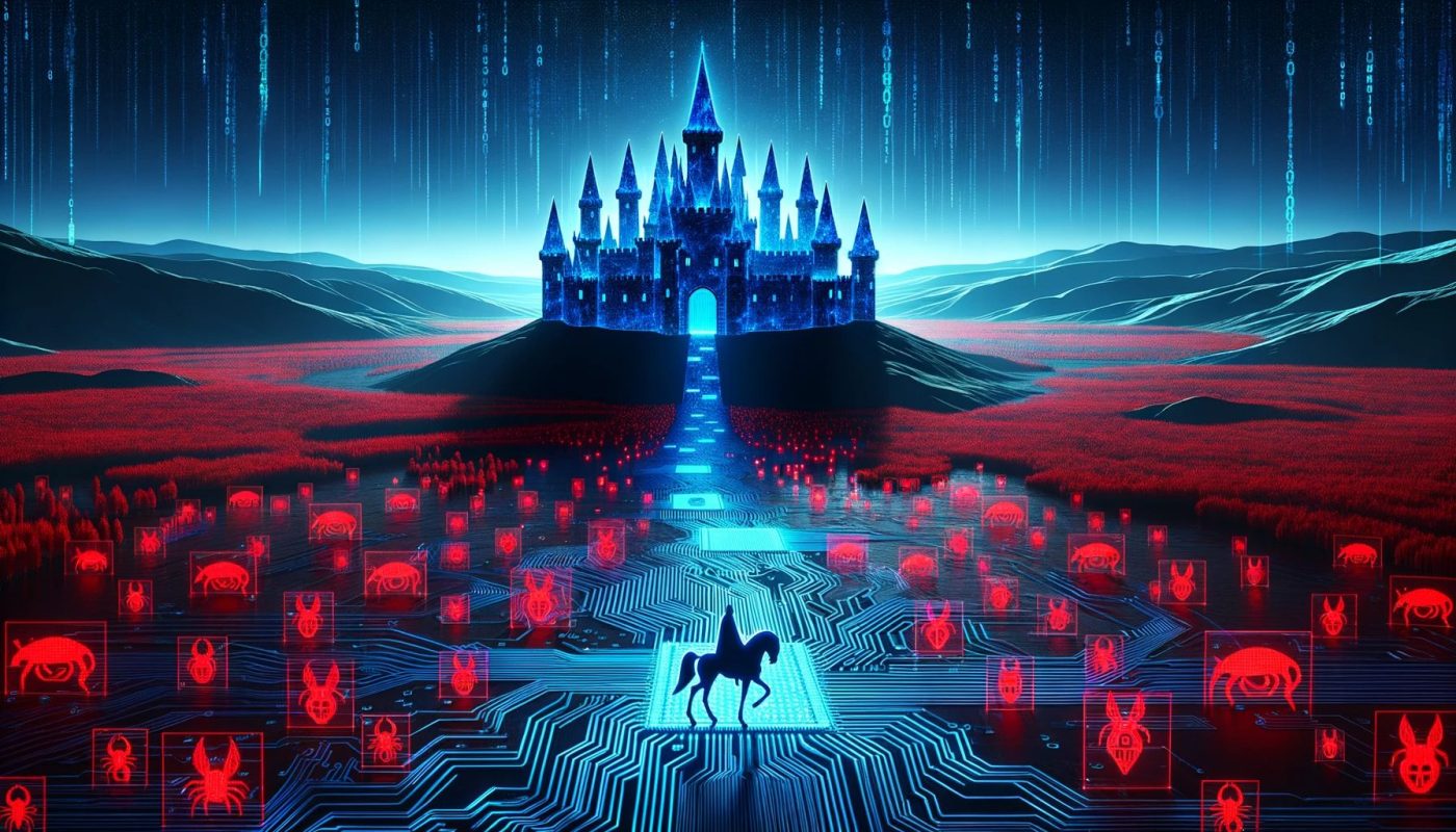 Zero trust security represented by a blue castle build with lines of code is under siege of bugs and trojan horses while opening it's door to a user