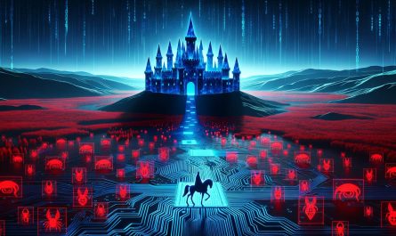 Zero trust security represented by a blue castle build with lines of code is under siege of bugs and trojan horses while opening it's door to a user