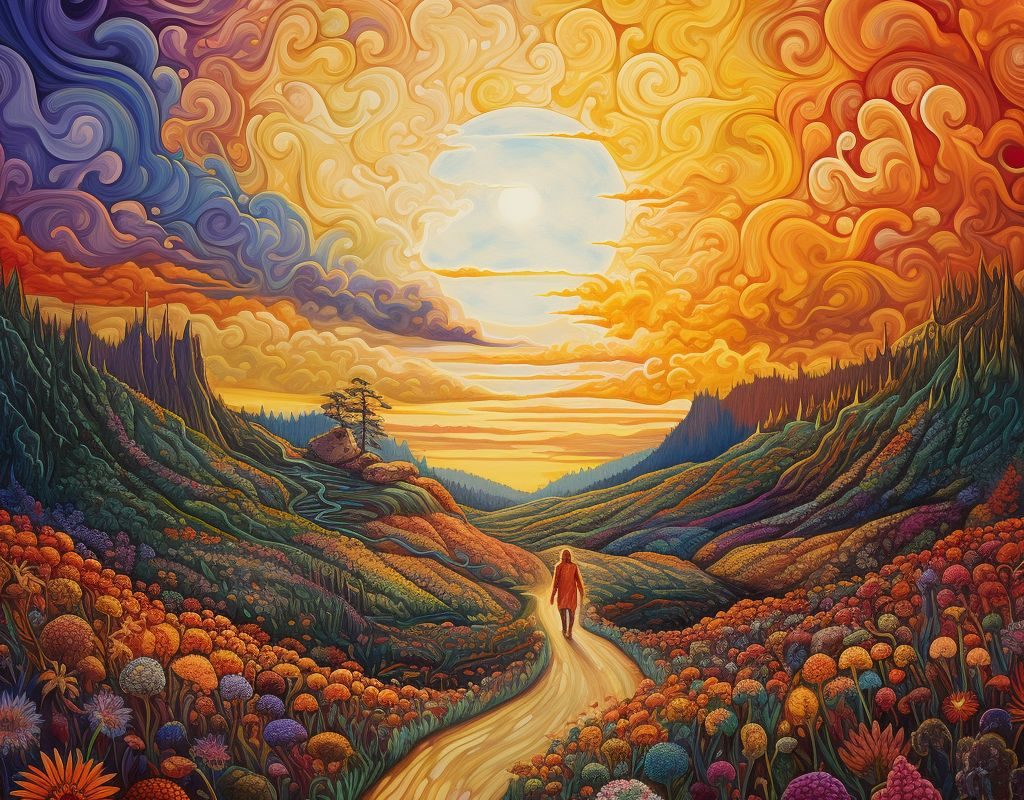 Person, die auf einem Weg der Sonne entgegenläuft. Dabei ist sie umgeben von farbigen Blumen, Bergen und Wolken.