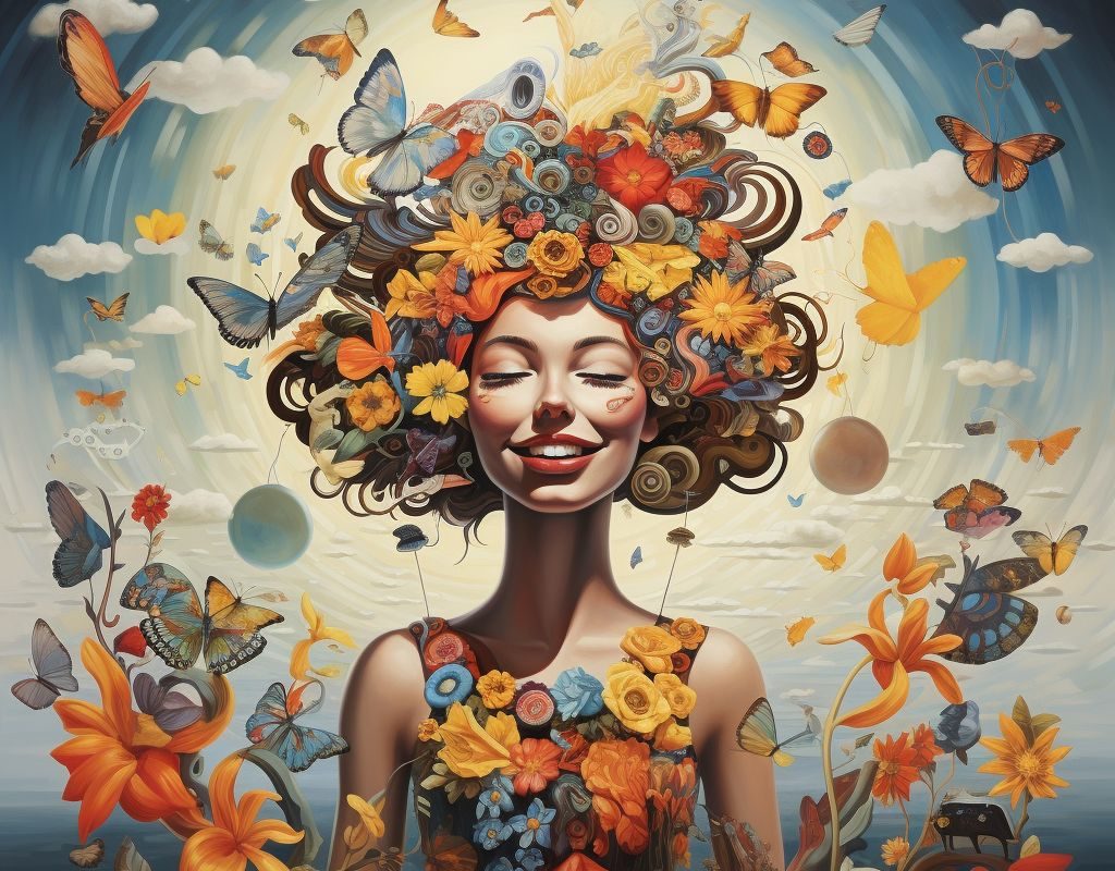 Glückliche Frau mit vielen Blumen, Schmetterlingen und Wolken um ihren Kopf