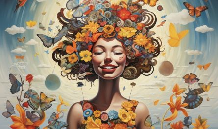 Glückliche Frau mit vielen Blumen, Schmetterlingen und Wolken um ihren Kopf