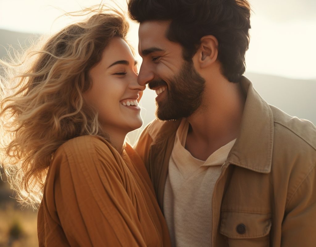 Ein dunkelhaariger Mann und eine blonde Frau, die vermeintlich in einer Partnerschaft sind, lachen gemeinsam und scheinen eine gute Beziehung zueinander zu haben.