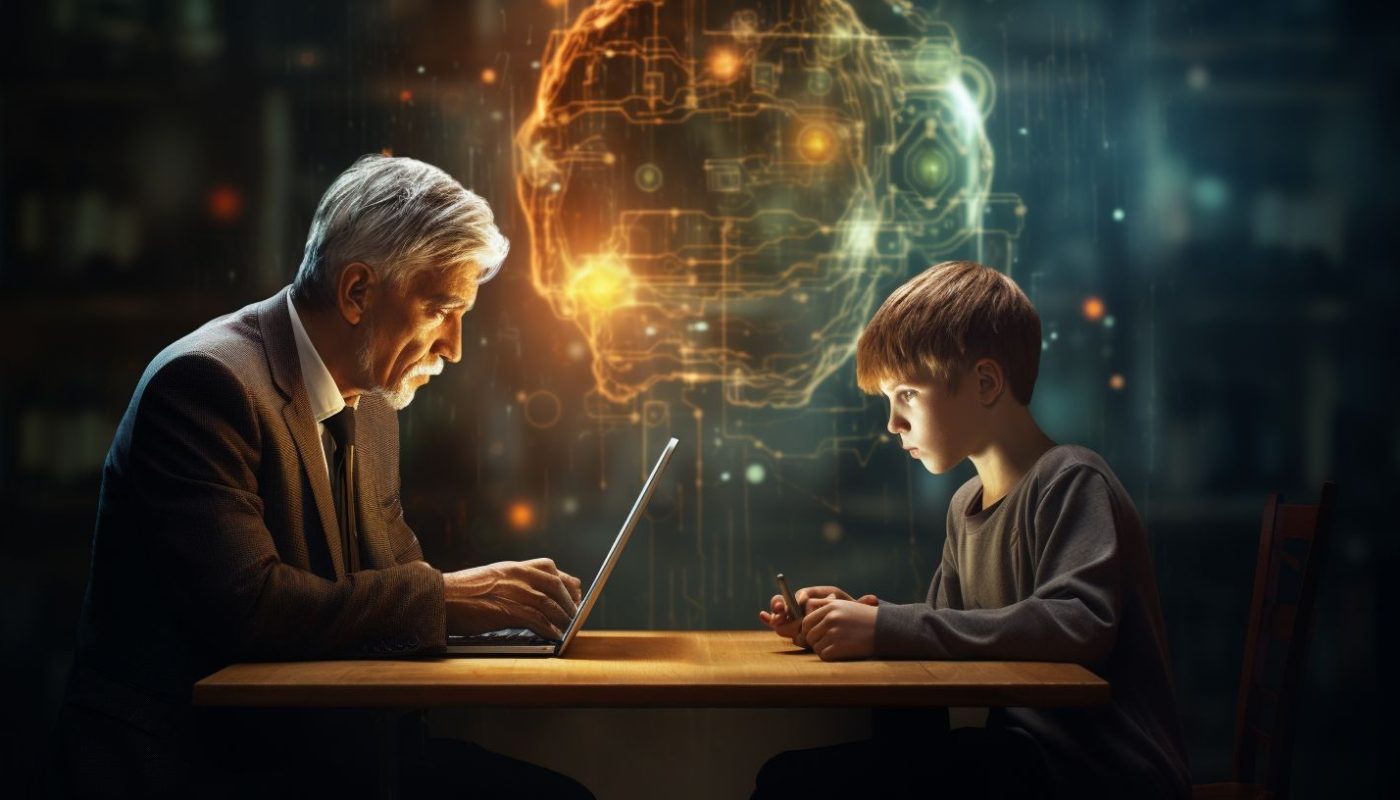 A older man is working on his computer in front of his young apprentice