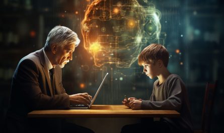 A older man is working on his computer in front of his young apprentice