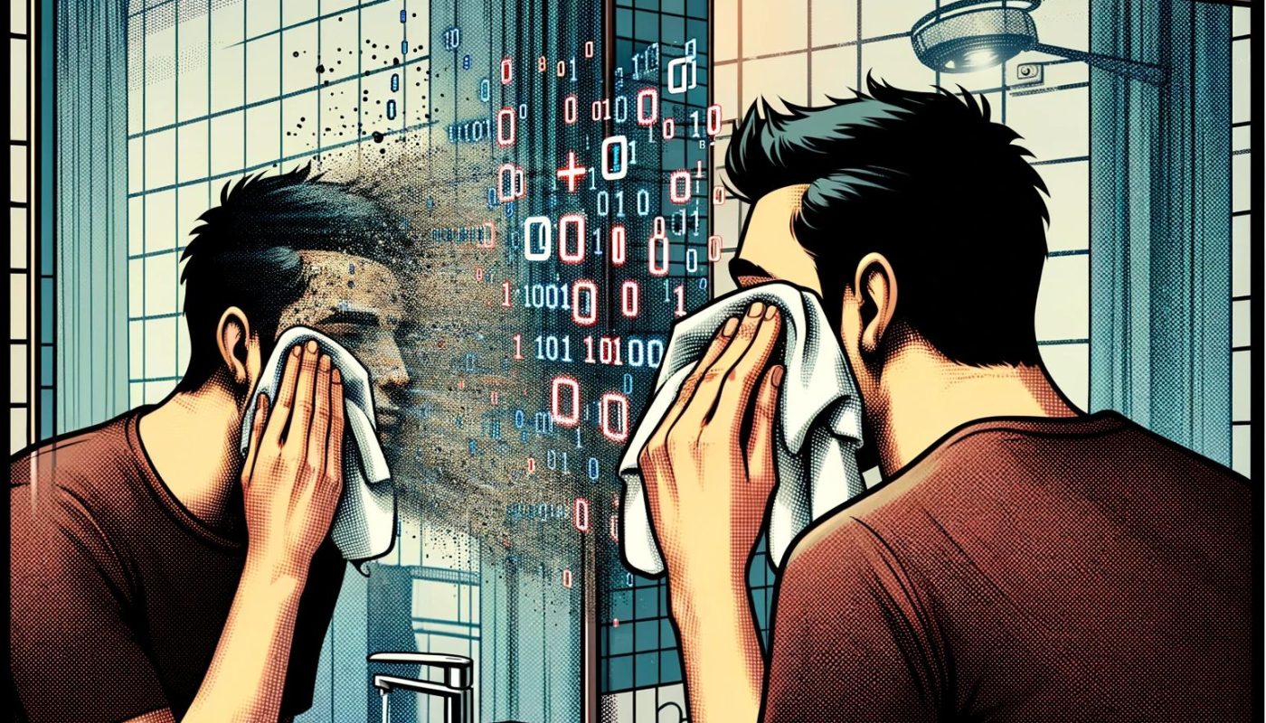 A comic style illustration depicting a person cleaning their face from digital dust