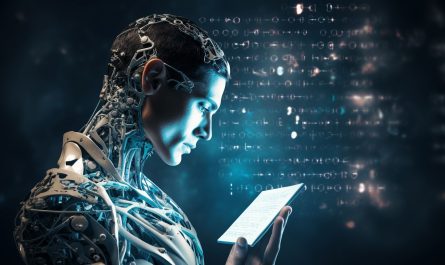 KI-Text-to-Speech, halb Mensch und halb Roboter, lesendes Wesen