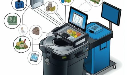 A futuristic food waste scale with advanced technology, capable of recognizing different types of food waste. The scale is connected online to a management dashboard for efficient monitoring and management of food waste.