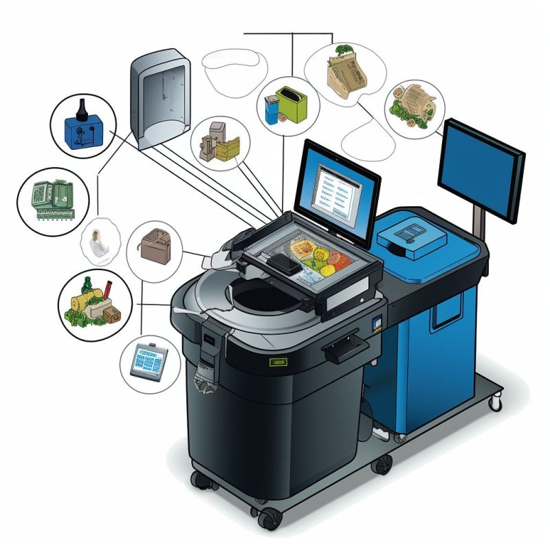 A futuristic food waste scale with advanced technology, capable of recognizing different types of food waste. The scale is connected online to a management dashboard for efficient monitoring and management of food waste.