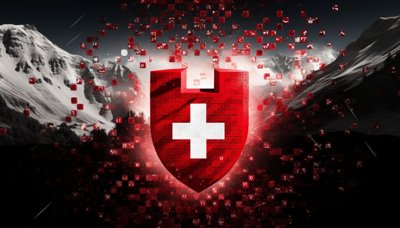 An alpine background with a swiss shield incorporating digital elements