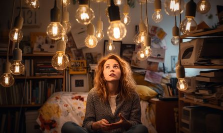 Eine Frau in einem unordentlichen Apartment, starrt Glühbirnen an