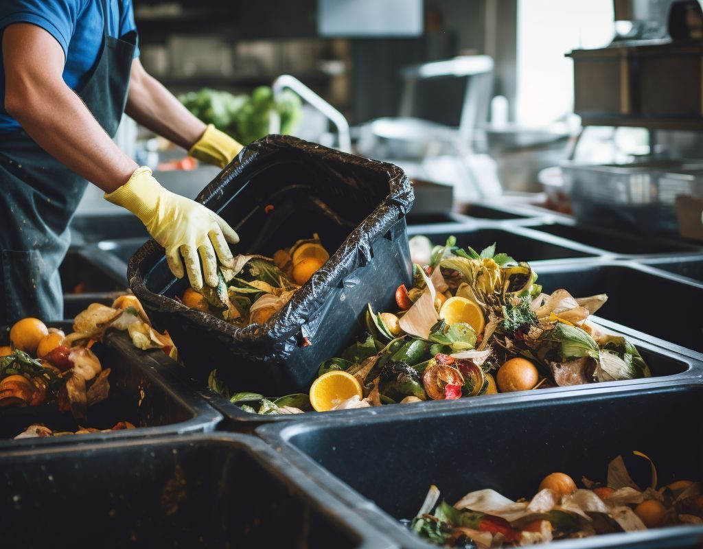 Selective focus image of a chef placing containers with waste onto a tabletop, featuring earthy organic shapes in the composition