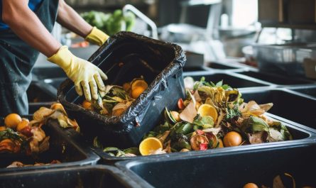 Selective focus image of a chef placing containers with waste onto a tabletop, featuring earthy organic shapes in the composition