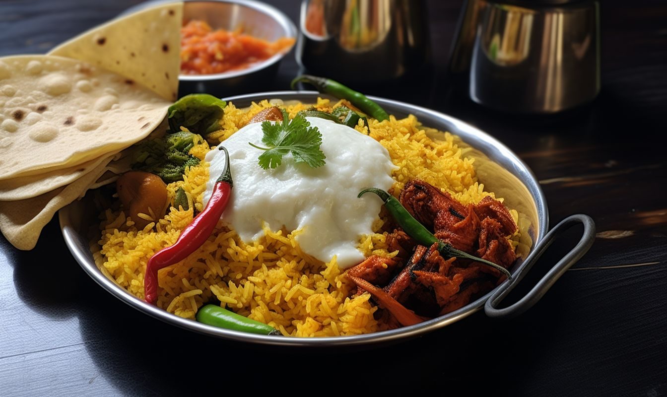 A plate of vegetarian biryani with yoghurt on top and naan on its side.