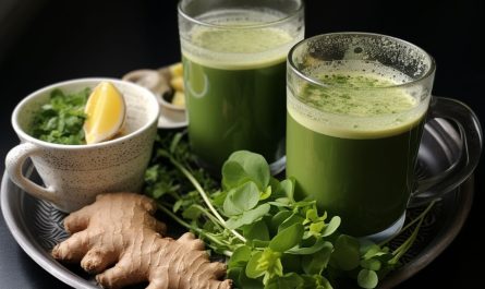 A plate with two glasses of green smoothie garnished with ginger, coriander and lemon.