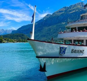 Front part of a big boat on Lake Brienz on a sunny day.