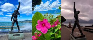 Collage of three pictures: the first one depicts the Freddy Mercury statue in Montreux on a sunny day, the second one shows a large pink flower by Lake Geneva in Montreux, and the third one features the Freddy Mercury statue in Montreux on a cloudy and dark day.