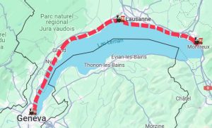 Map of Lac Léman with the marked route of the 3 cities (Montreux, Lausanne, and Geneva)