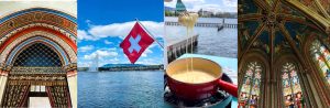 Collage of four pictures representing Geneva, including the Cathedral, the Jet d'Eau, and fondue in the lake.