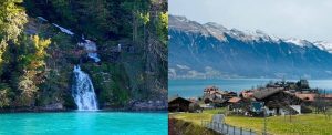 Collage of two pictures. The first one shows a small waterfall in Birnez Lake, and the second one showcases views of Iseltwald village.