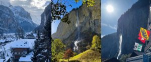 Collage of three pictures of Lauterbrunnen waterfall in different seasons: the first one in winter, the second in autumn, and the third in summer.